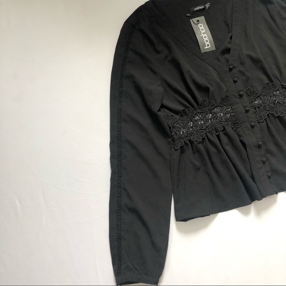 boohoo Crochet + Ladder Trim Button Through Blouse Black Size 10 - Picture 4 of 11